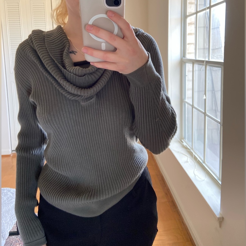 Ashley Stewart Olive Ribbed Cowl Neck Sweater
